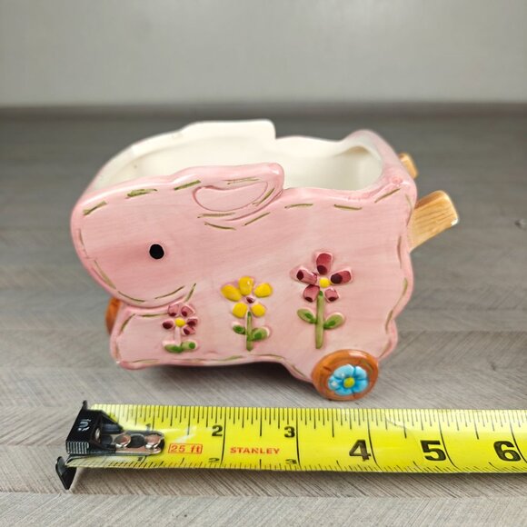 Vintage Ceramic Pink Bunny Wheelbarrow Planter Sponge Holder Floral Design - Picture 7 of 10